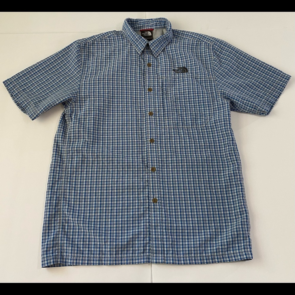 THE NORTH FACE MENS SMALL BLUE/WHITE SP BUTTON DOWN SHORT SLEEVE SHIRT
